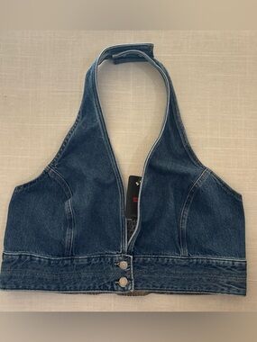 LEVIS Lydia Denim Halter  Top Women XXL Button Closure Deep V-Neck Blue Jean
